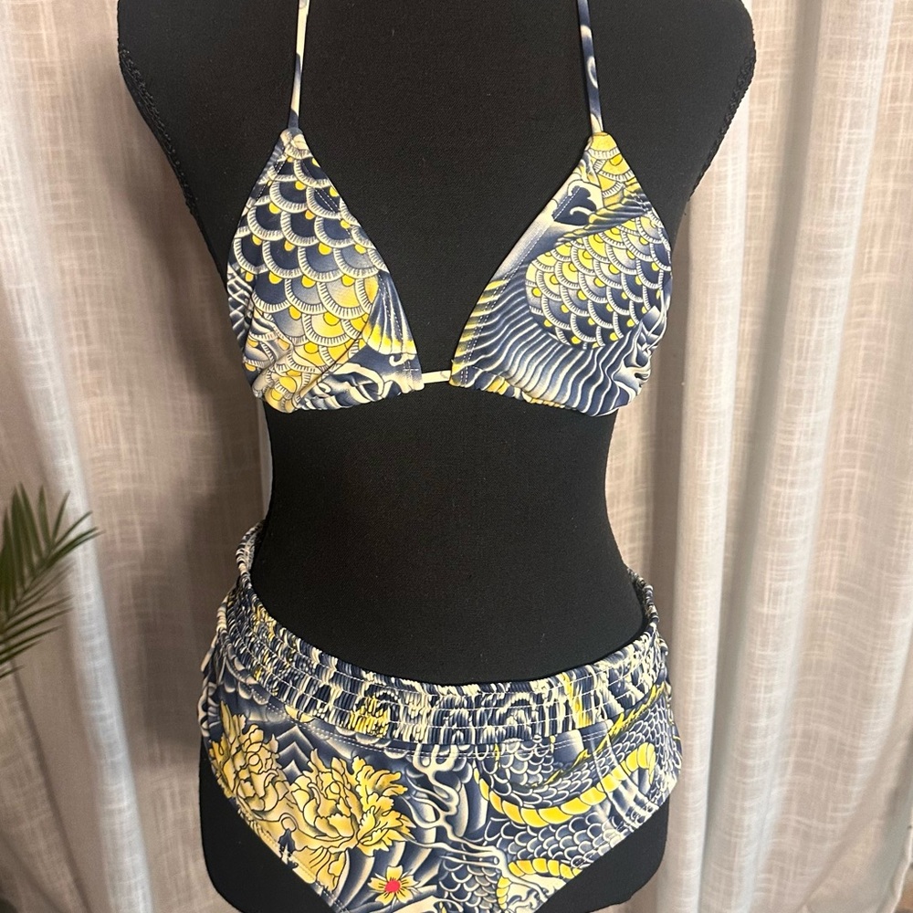 Jean Paul Gaultier Navy and Yellow Printed Triangle Bikini Set**FREE SHIPPING**